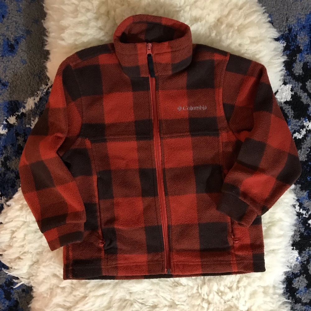 Boys Columbia Fleece 6/7 Buffalo Plaid Red Black.